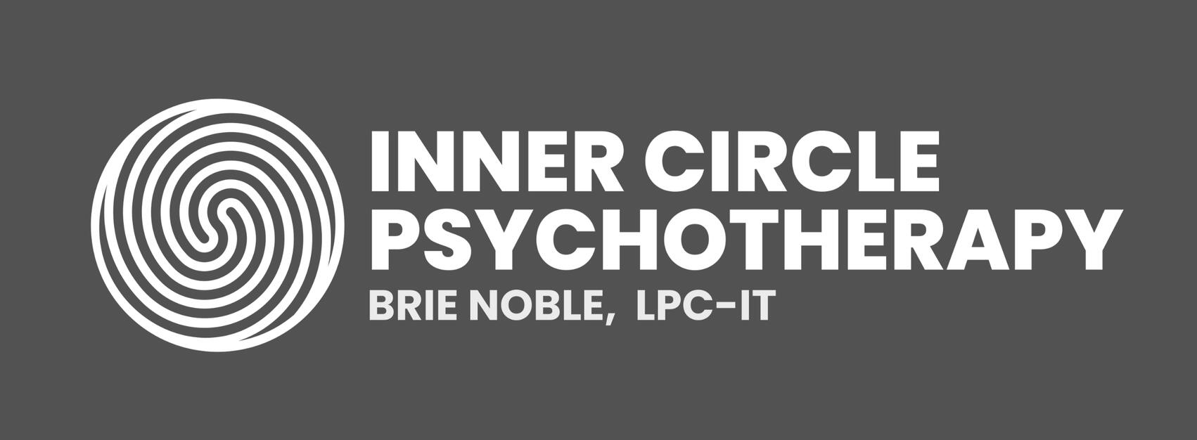 White Spiral logo, Inner Circle Psychotherapy, Brie Noble, LPC-IT on grey background